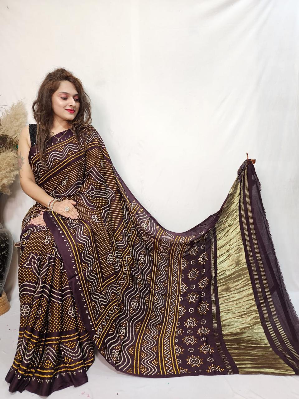 Pure Modal Silk Ajrakh Saree with Lagadi Patta (Hand Print)