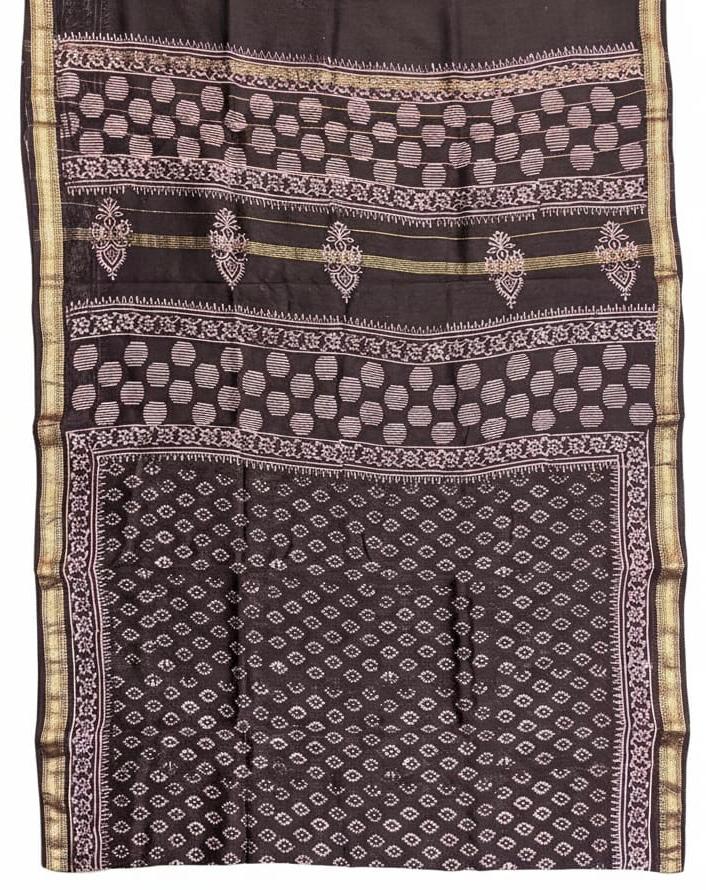 Traditional Hand Block Printed Maheshwari Silk Saree with Zari