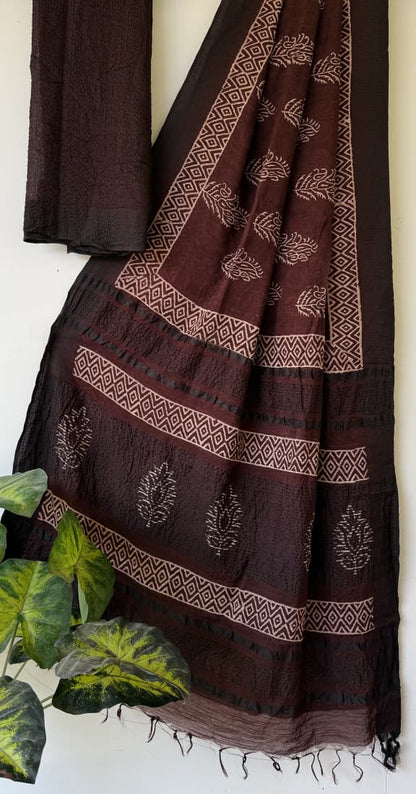 Hand Block Printed Cotton Silk Saree with Temple Border (Ajrakh & Dabu)