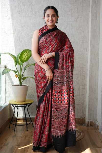 Pure Ajrakh Print Modal Silk Saree (Vegetable-Dyed) + Printed Blouse