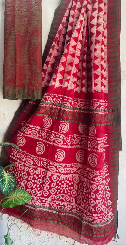 Hand Block Printed Cotton Silk Saree with Temple Border (Ajrakh & Dabu)