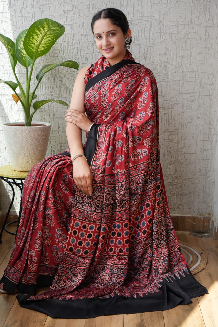 Pure Ajrakh Print Modal Silk Saree (Vegetable-Dyed) + Printed Blouse