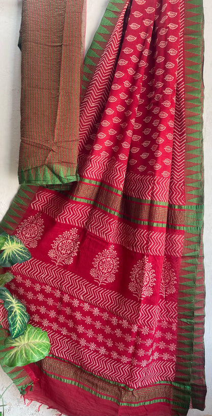 Hand Block Printed Cotton Silk Saree with Temple Border (Ajrakh & Dabu)