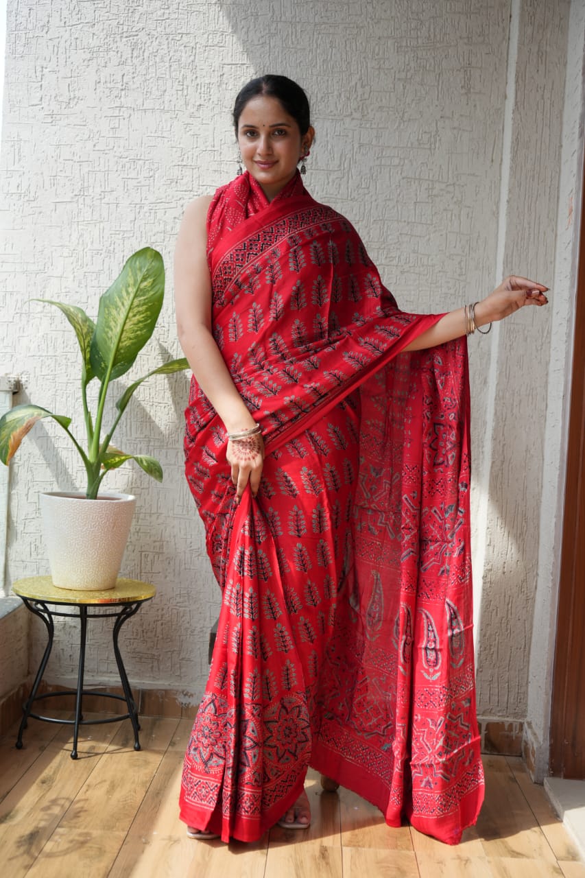 Exclusive Natural-Dye Ajrakh Vanaspati Pure Modal Silk Saree + Printed Blouse