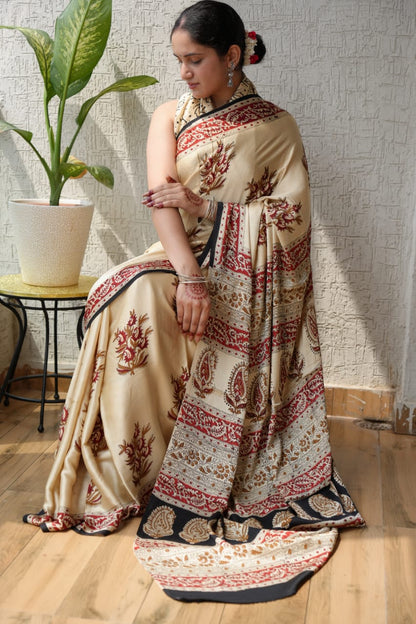 Exclusive Natural-Dye Ajrakh Vanaspati Pure Modal Silk Saree + Printed Blouse