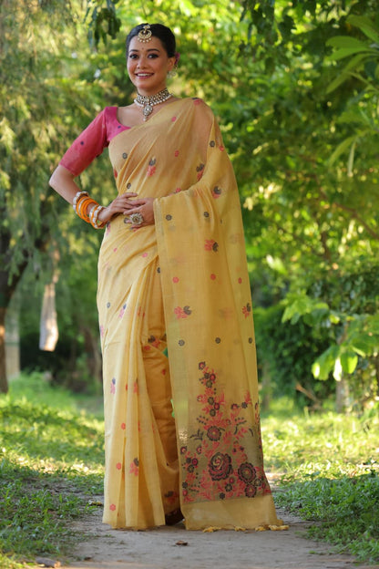 Premium Soft Muga Cotton Saree with Floral Weave & Resham Pallu