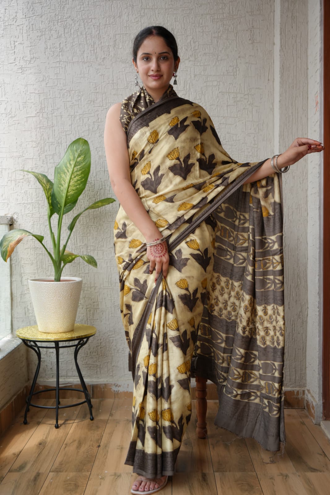 Exclusive Natural-Dye Ajrakh Vanaspati Pure Modal Silk Saree + Printed Blouse