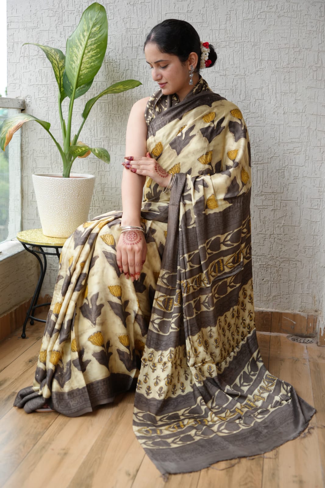 Exclusive Natural-Dye Ajrakh Vanaspati Pure Modal Silk Saree + Printed Blouse