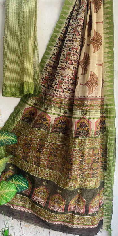 Hand Block Printed Cotton Silk Saree with Temple Border (Ajrakh & Dabu)