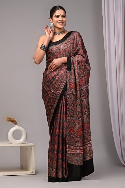 Pure Ajrakh Print Modal Silk Saree (Vegetable-Dyed) + Printed Blouse