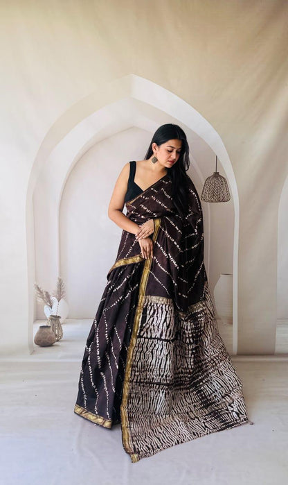 Traditional Hand Block Printed Maheshwari Silk Saree with Zari