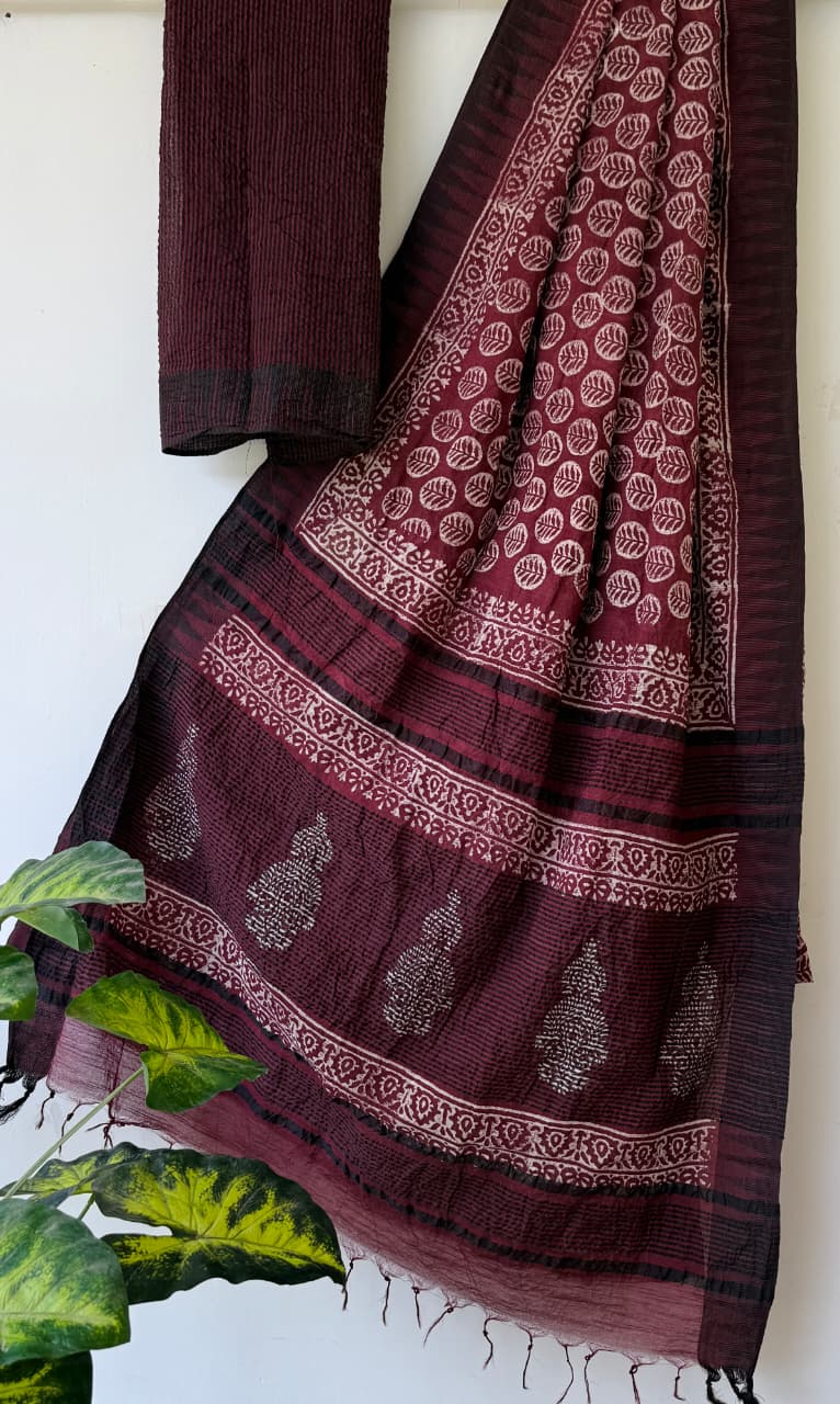 Hand Block Printed Cotton Silk Saree with Temple Border (Ajrakh & Dabu)