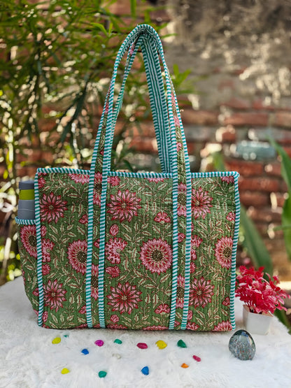 Cotton Quilted Tote Bag with Zip & External Water Bottle Pocket