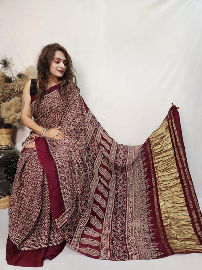 Pure Modal Silk Ajrakh Saree with Lagadi Patta (Hand Print)