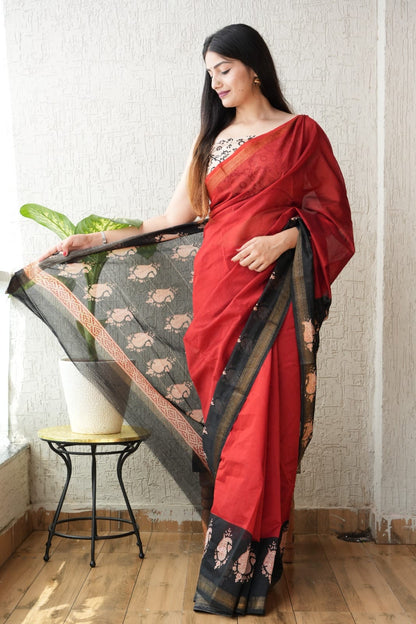 New Bagru Hand Block Printed Maheshwari Silk Saree