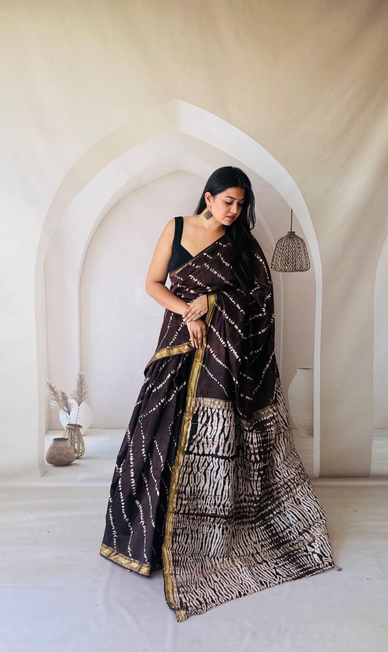 Traditional Hand Block Printed Maheshwari Silk Saree with Zari
