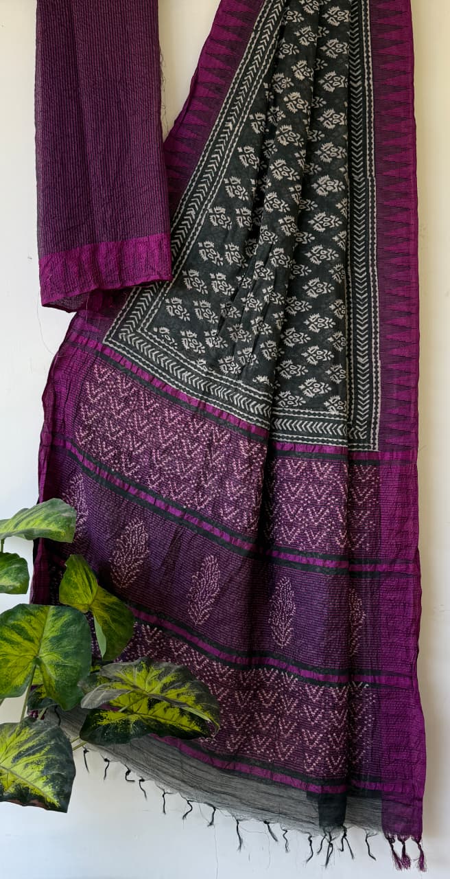 Hand Block Printed Cotton Silk Saree with Temple Border (Ajrakh & Dabu)