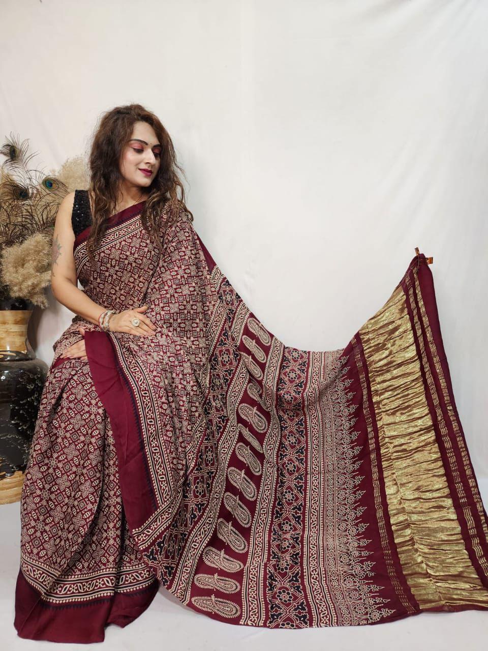 Pure Modal Silk Ajrakh Saree with Lagadi Patta (Hand Print)