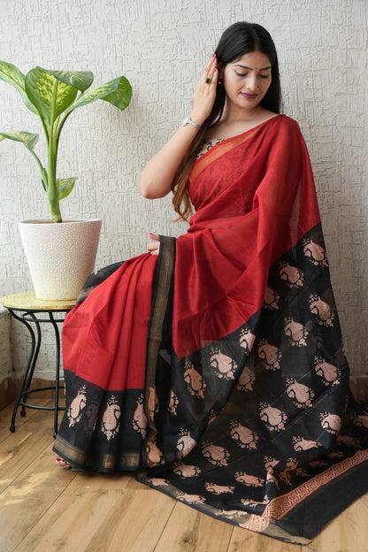 New Bagru Hand Block Printed Maheshwari Silk Saree