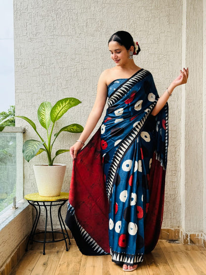 Exclusive Natural-Dye Ajrakh Vanaspati Pure Modal Silk Saree + Printed Blouse