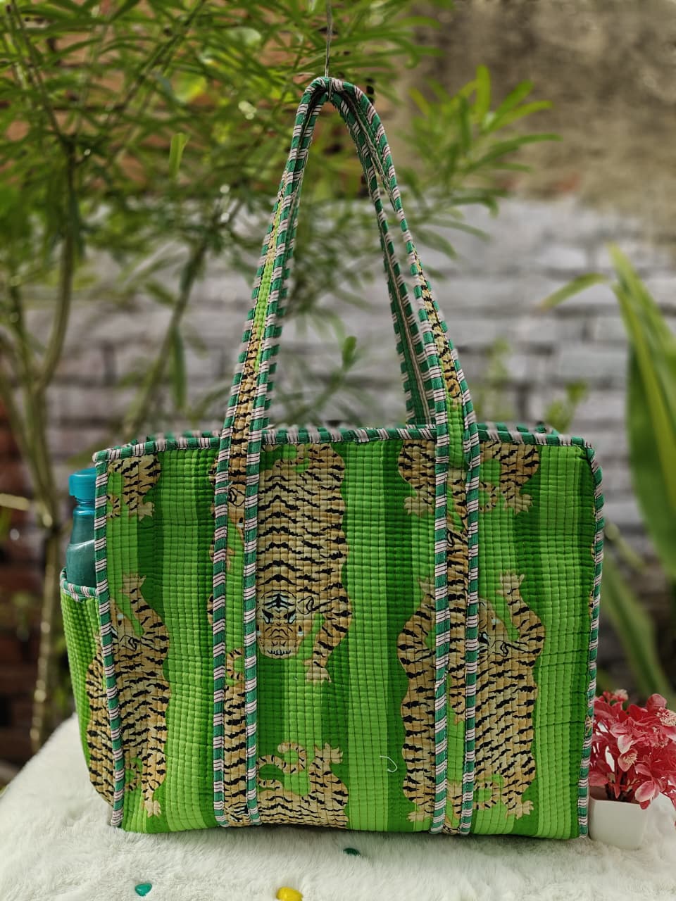 Cotton Quilted Tote Bag with Zip & External Water Bottle Pocket