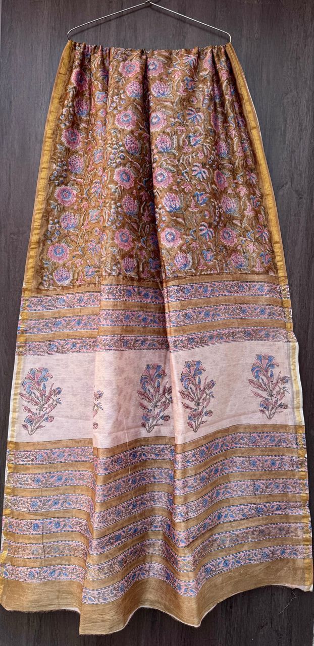 Hand Block Printed Bagru Pure Chanderi Saree with Blouse Piece