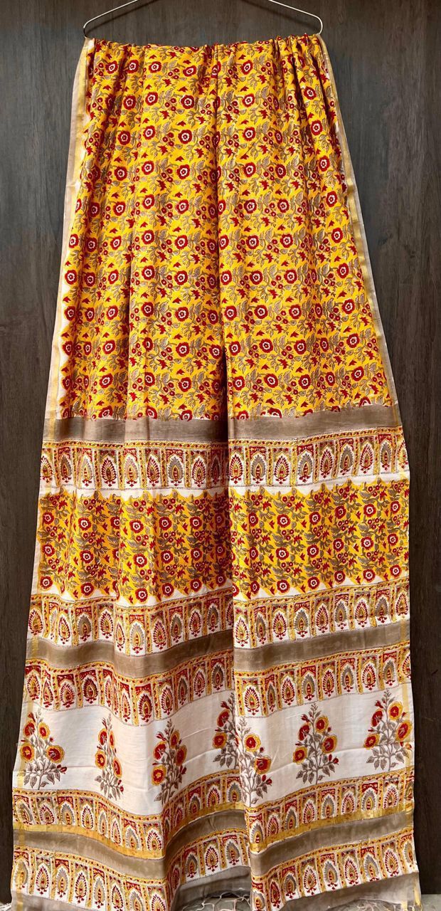 Hand Block Printed Bagru Pure Chanderi Saree with Blouse Piece