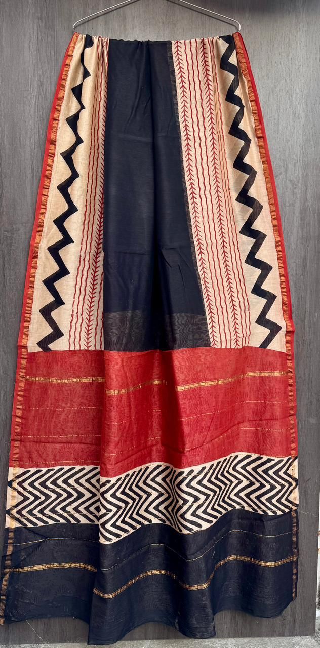 Hand Block Printed Bagru Pure Chanderi Saree with Blouse Piece
