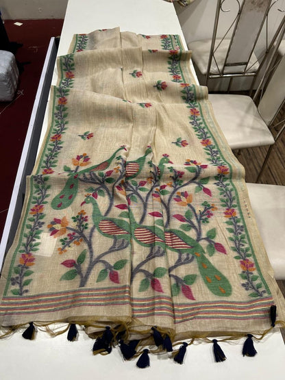 Premium Soft Muga Cotton Saree with Peacock & Jamdani Weaving