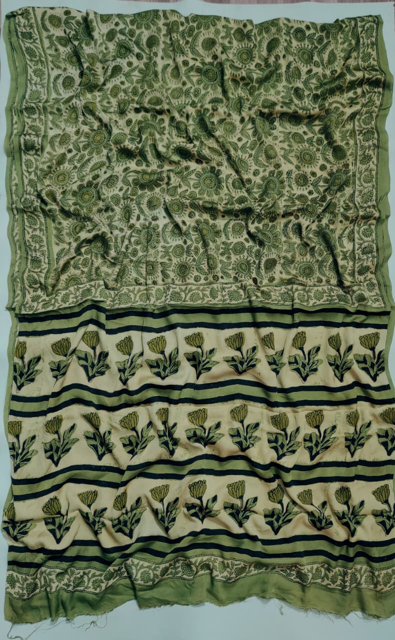 Premium Natural Ajrakh Hand Block Printed Modal Silk Saree