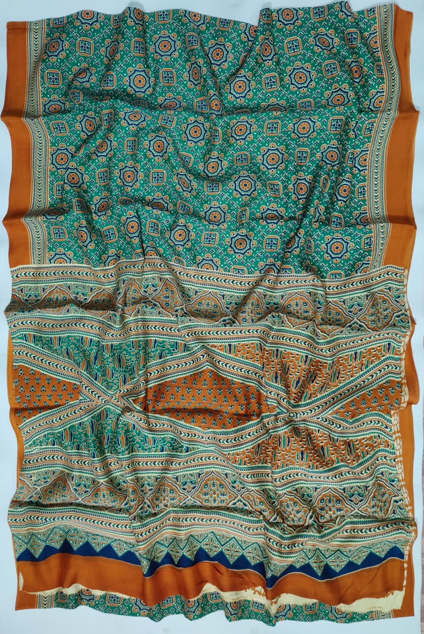 Premium Natural Ajrakh Hand Block Printed Modal Silk Saree