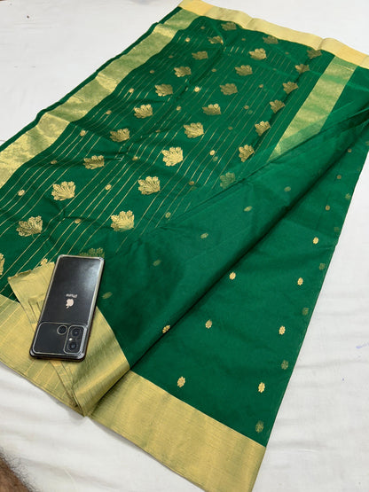 Chanderi Jhad Palla Katan Silk Saree with Ghana Golden Zari Buti