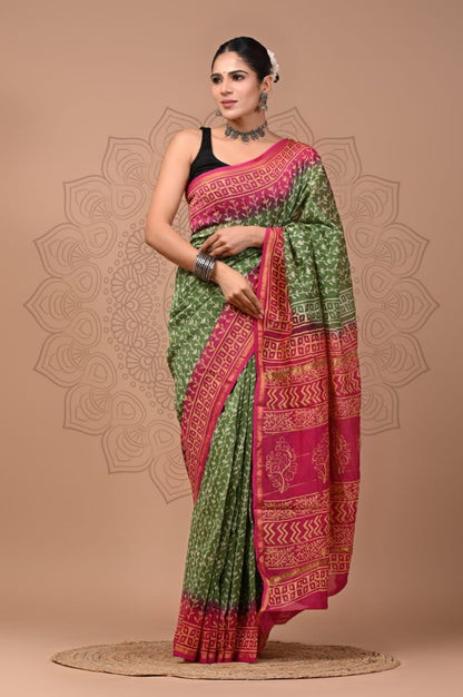 Hand Block Printed Bagru Pure Chanderi Saree with Blouse Piece