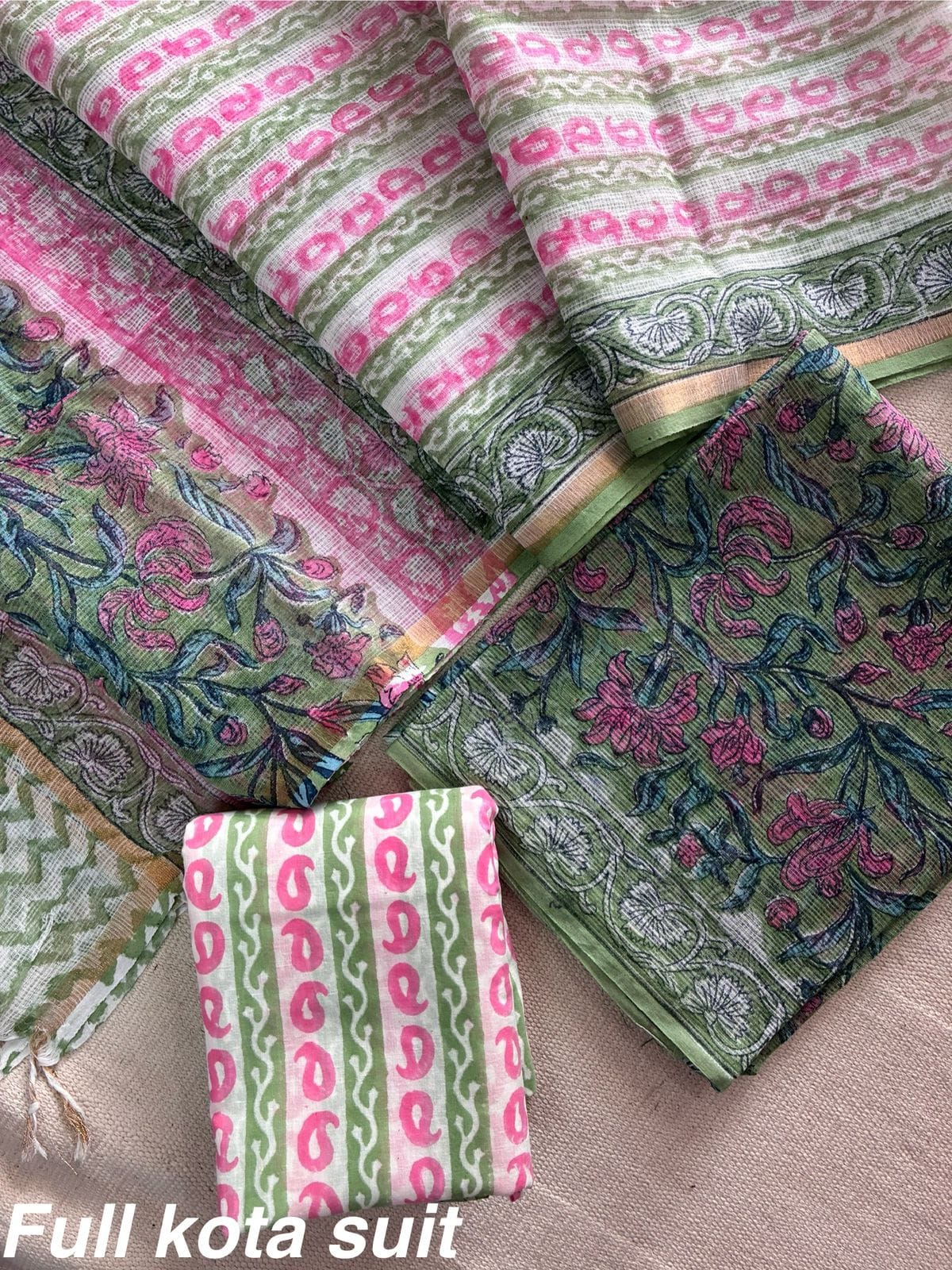 Premium Pure Full Kota Doria Suit | Hand Block Printed Silk Cotton Set