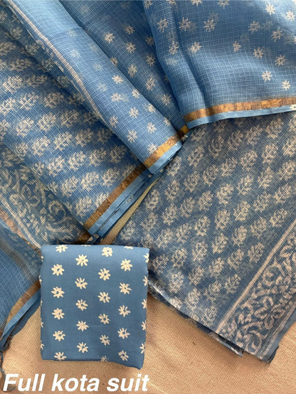 Premium Pure Full Kota Doria Suit | Hand Block Printed Silk Cotton Set