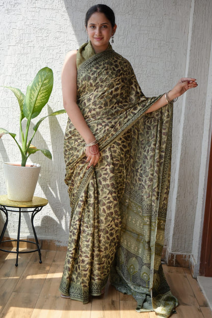 Exclusive Natural-Dye Ajrakh Vanaspati Pure Modal Silk Saree + Printed Blouse