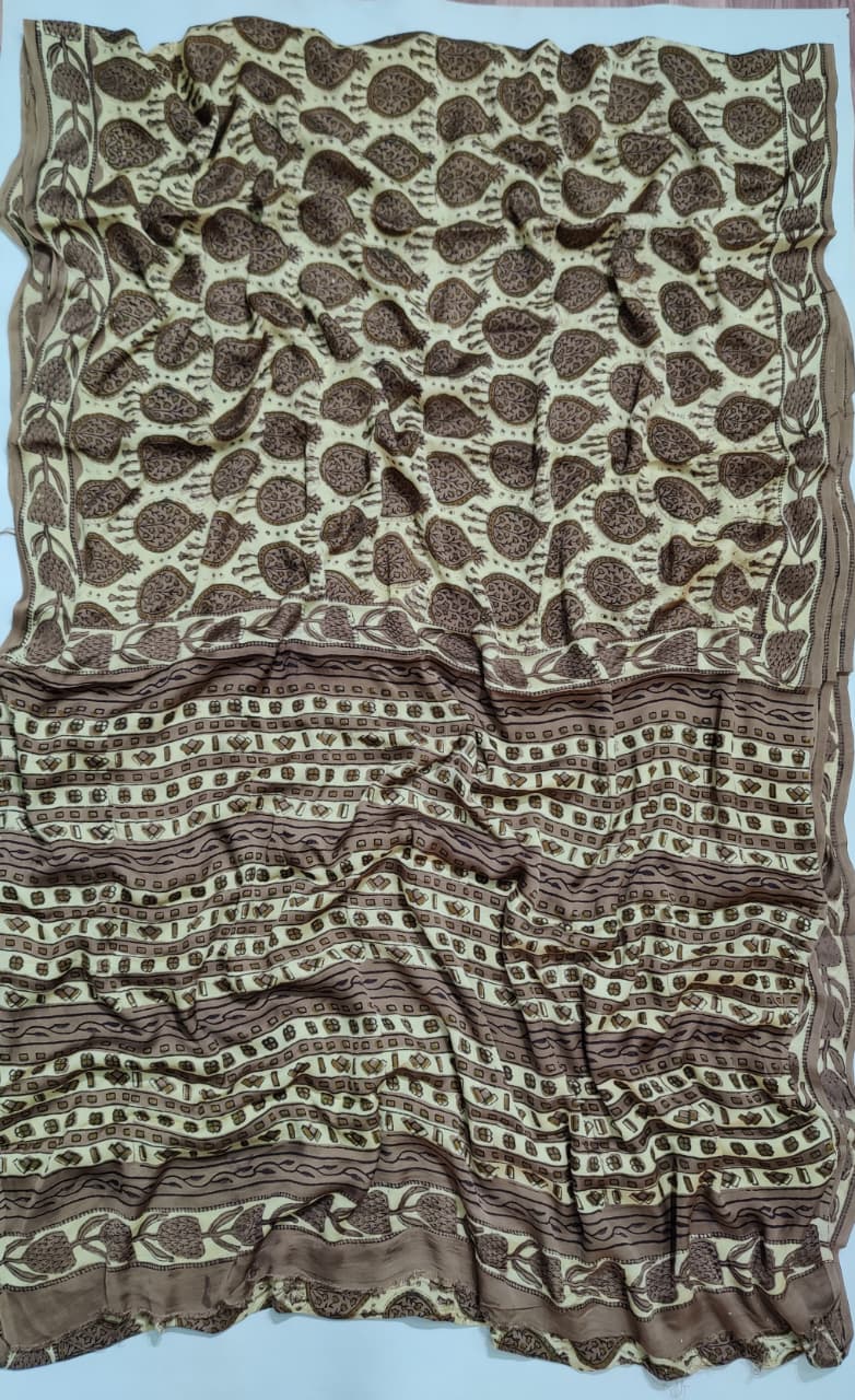 Premium Natural Ajrakh Hand Block Printed Modal Silk Saree