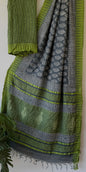 Hand Block Printed Cotton Silk Saree with Temple Border (Ajrakh & Dabu)