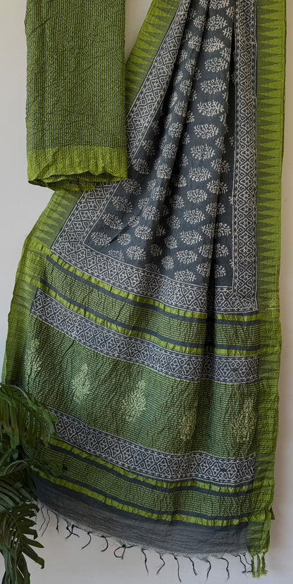 Hand Block Printed Cotton Silk Saree with Temple Border (Ajrakh & Dabu)