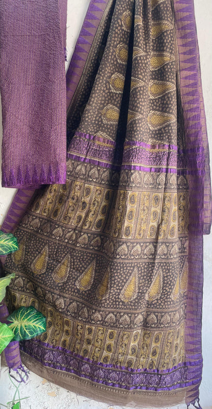 Hand Block Printed Cotton Silk Saree with Temple Border (Ajrakh & Dabu)