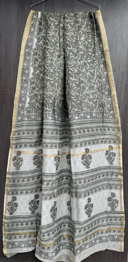 Hand Block Printed Bagru Pure Chanderi Saree with Blouse Piece