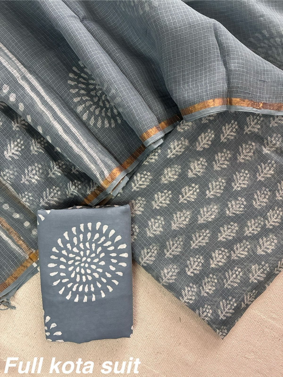 Premium Pure Full Kota Doria Suit | Hand Block Printed Silk Cotton Set