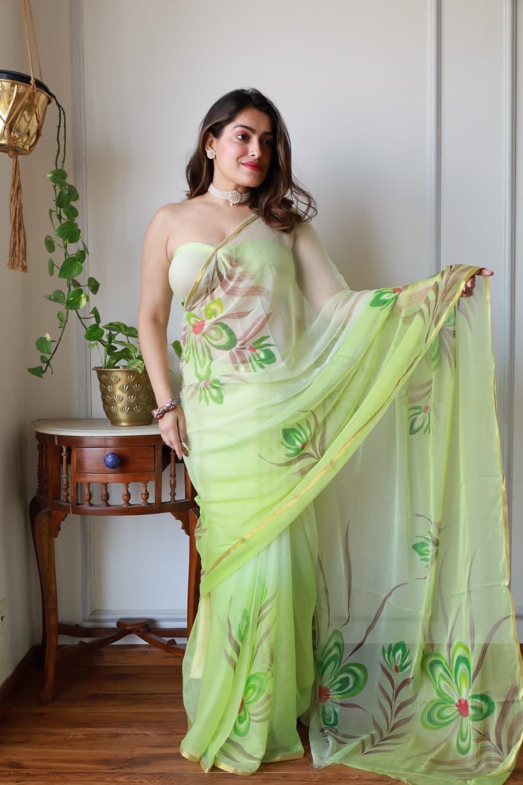 Hand Painted Chiffon Saree with Zari Border – Soft & Elegant Party Wear