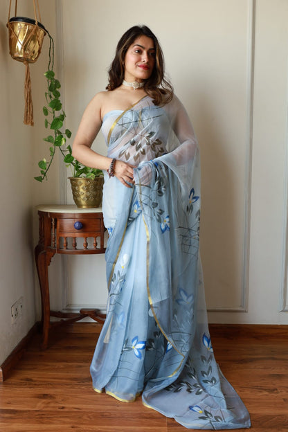 Hand Painted Chiffon Saree with Zari Border – Soft & Elegant Party Wear