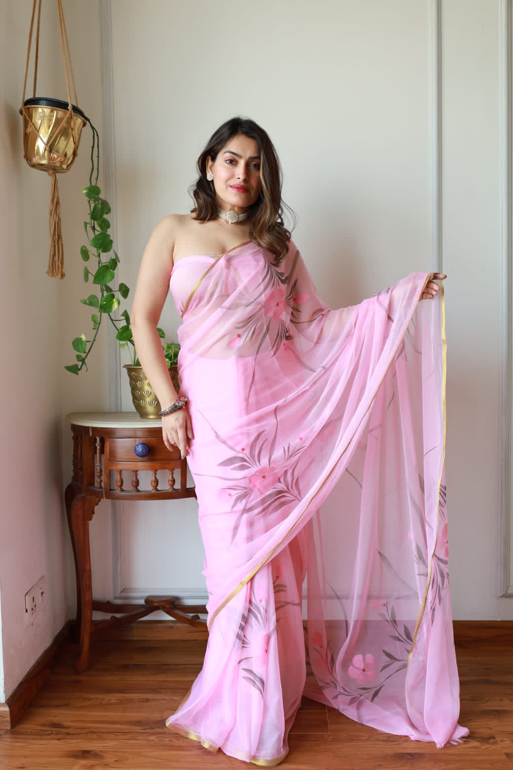 Hand Painted Chiffon Saree with Zari Border – Soft & Elegant Party Wear