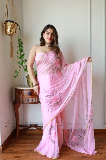 Hand Painted Chiffon Saree with Zari Border – Soft & Elegant Party Wear