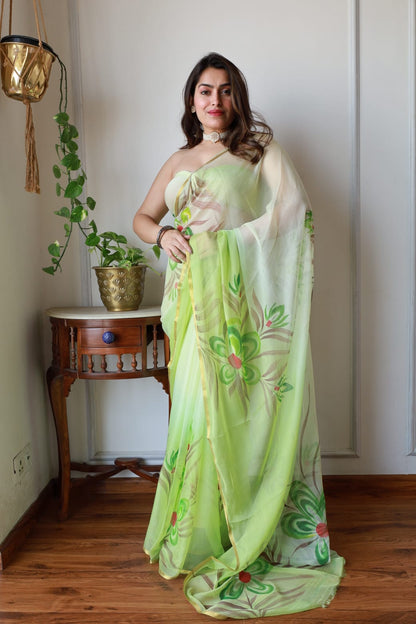Hand Painted Chiffon Saree with Zari Border – Soft & Elegant Party Wear