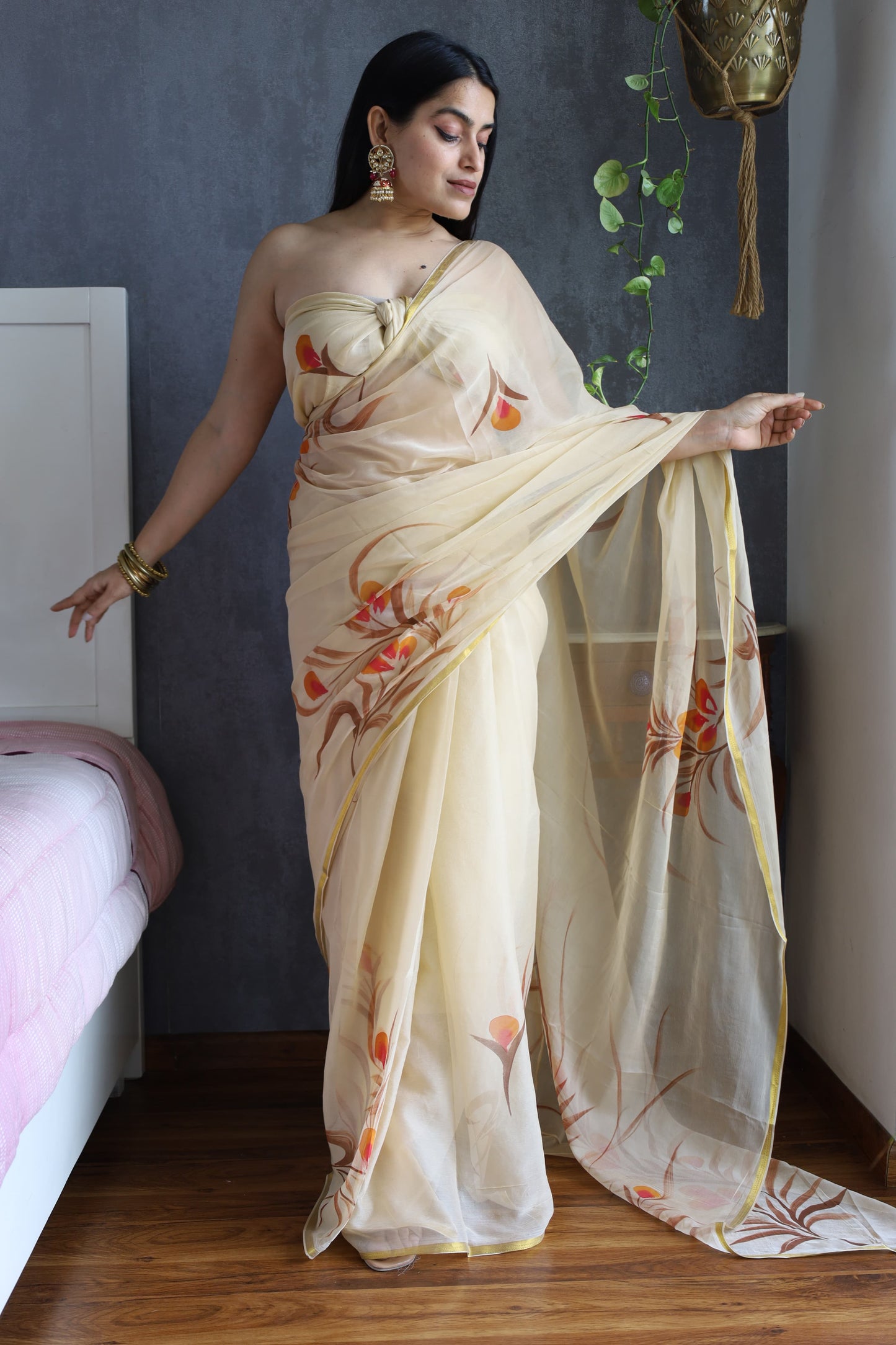 Hand Painted Chiffon Saree with Zari Border – Soft & Elegant Party Wear