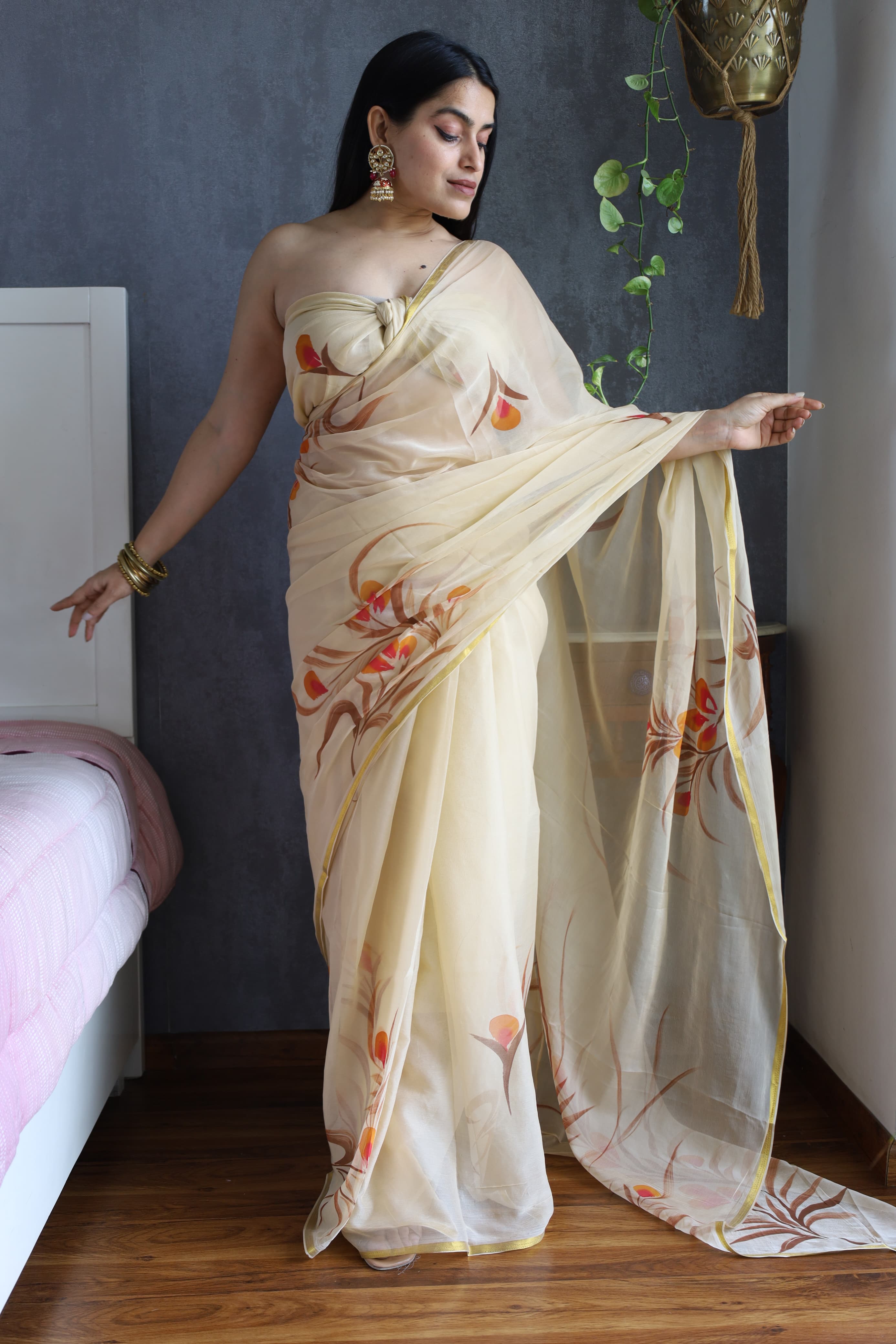 Hand Painted Chiffon Saree with Zari Border – Soft & Elegant Party Wear