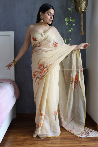 Hand Painted Chiffon Saree with Zari Border – Soft & Elegant Party Wear